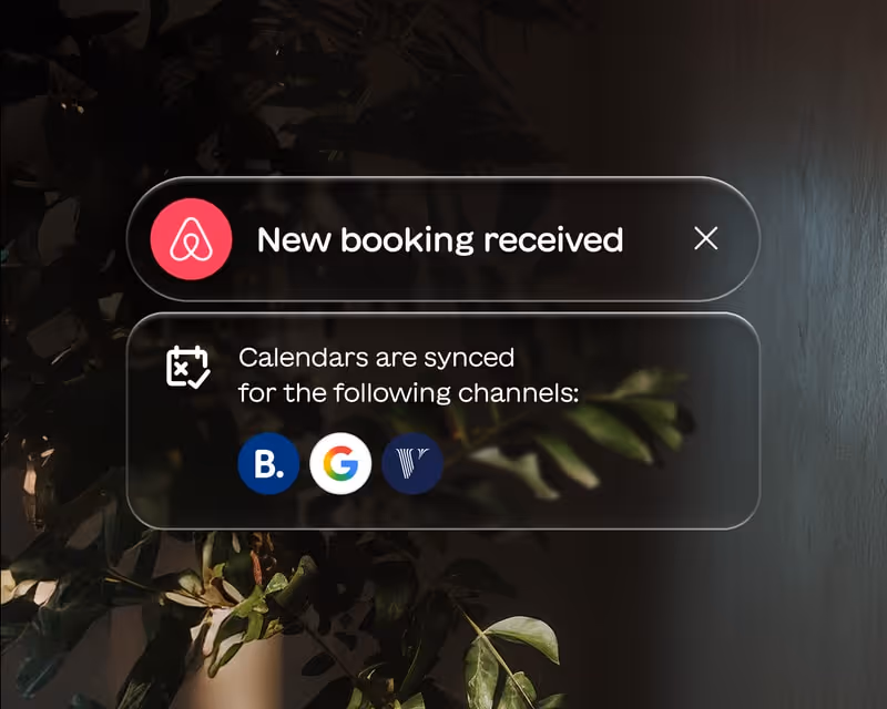 Notification on screen showing 'New booking received' with calendar sync icons for Booking.com, Google, and Vrbo.