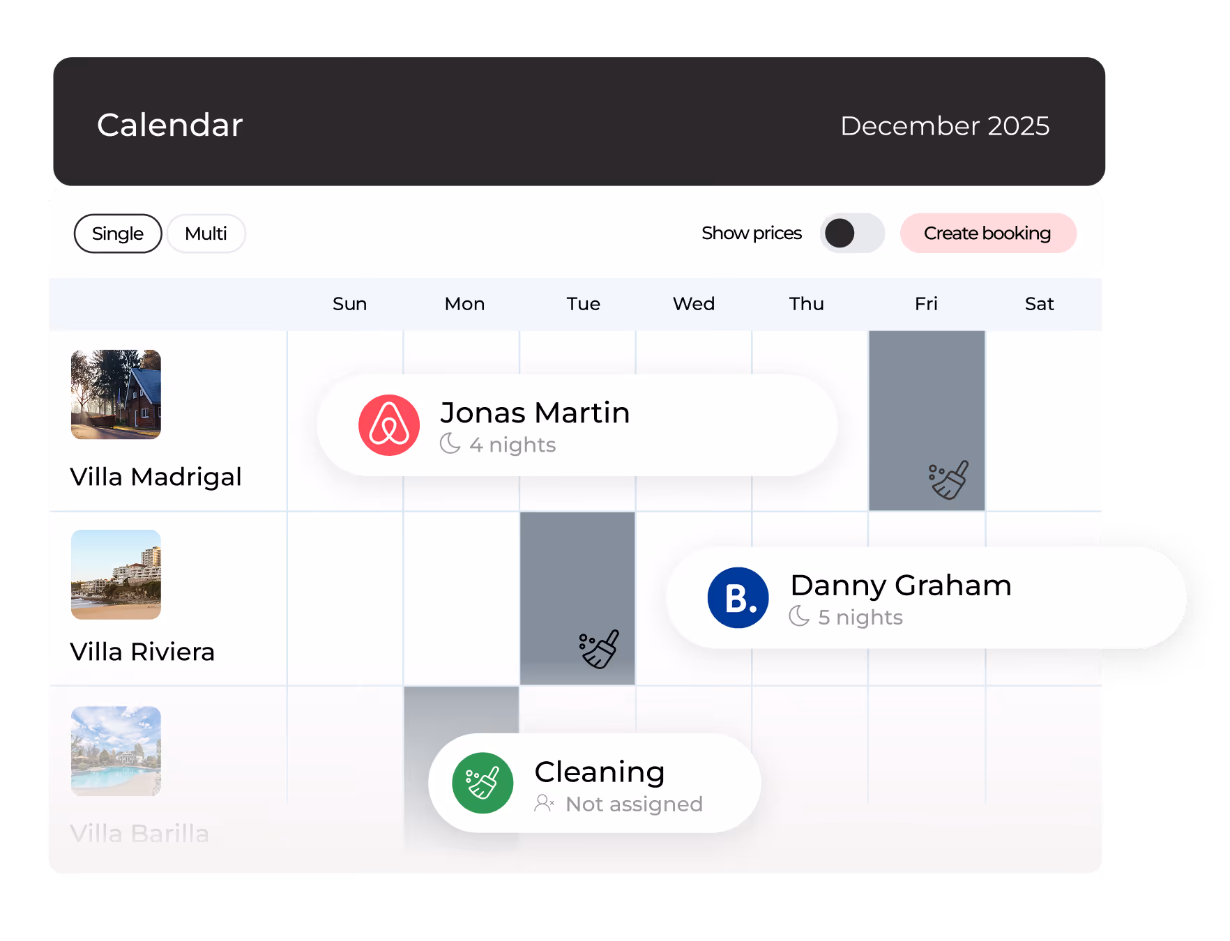 Booking calendar for December 2025 showing reservations for Villa Madrigal and Villa Riviera, with guests Jonas Martin for 4 nights and Danny Graham for 5 nights, plus cleaning tasks on Tuesday and Friday.