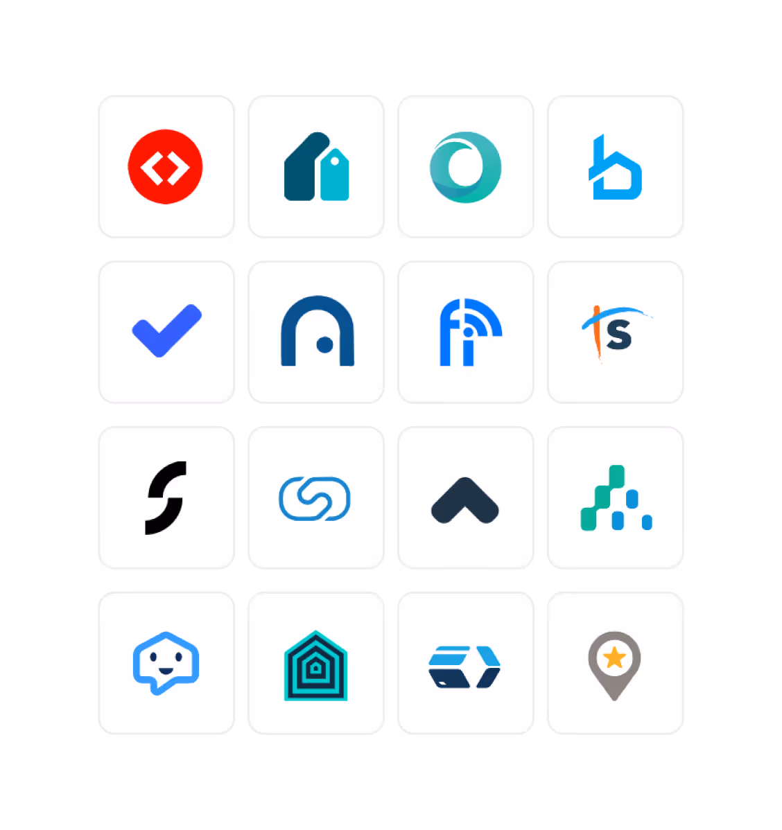 Grid of sixteen colorful app and service logos on white rounded square backgrounds arranged in four rows and four columns.