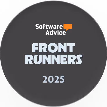 Software Advice Front Runners 2025 award badge with a dark circular background.