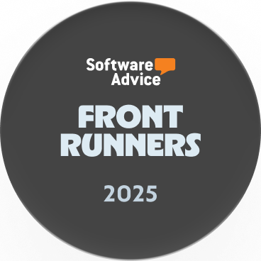 Software Advice Front Runners 2025 award badge with a dark circular background.