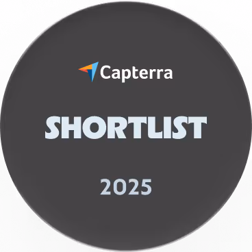 Capterra Shortlist 2025 award emblem with a dark circular background.