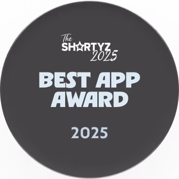 The Shortyz 2025 Best App Award badge in gray with light blue text.