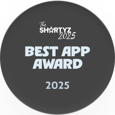 The Shortyz 2025 Best App Award badge in gray with light blue text.