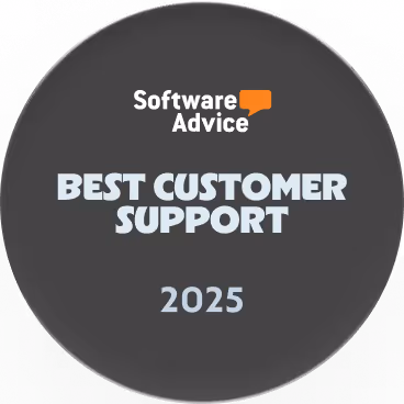 Software Advice Best Customer Support award badge for 2025 with speech bubble icon.