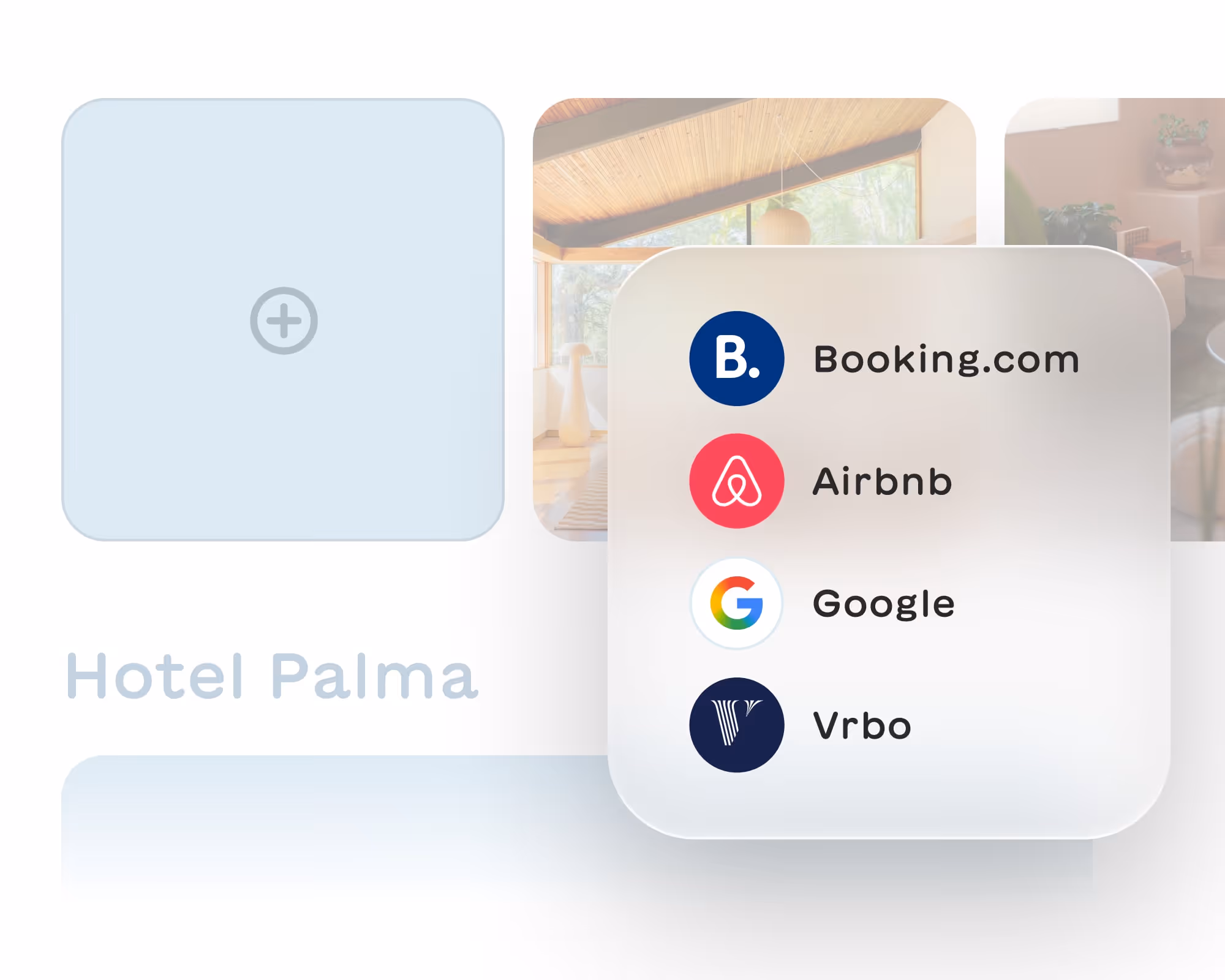 User interface showing hotel listing named Hotel Palma with platform options Booking.com, Airbnb, Google, and Vrbo.