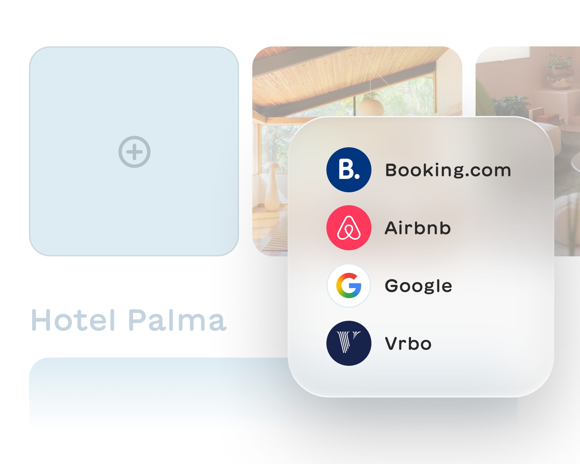User interface showing hotel listing named Hotel Palma with platform options Booking.com, Airbnb, Google, and Vrbo.