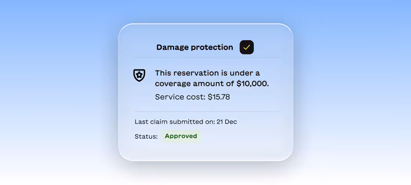 Notification box showing damage protection with $10,000 coverage, $15.78 service cost, last claim on Dec 21, and status approved.