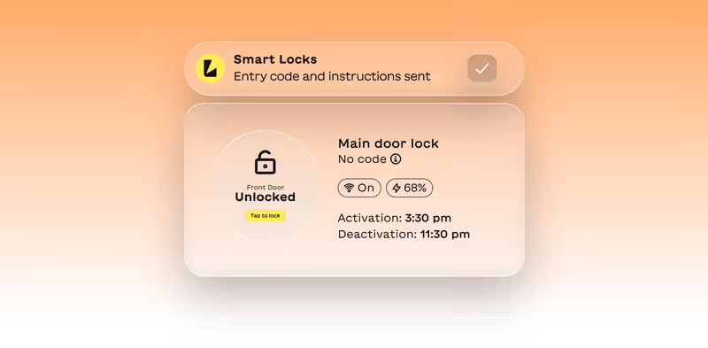 Smart Locks panel showing front door unlocked with no code, Wi-Fi on, battery at 68%, activation at 3:30 pm and deactivation at 11:30 pm.
