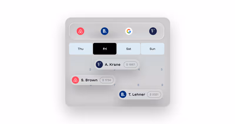 Booking interface showing availability and pricing for Thu to Sun with user names A. Krane, S. Brown, and T. Lehner linked to Airbnb, Booking.com, and Google icons.