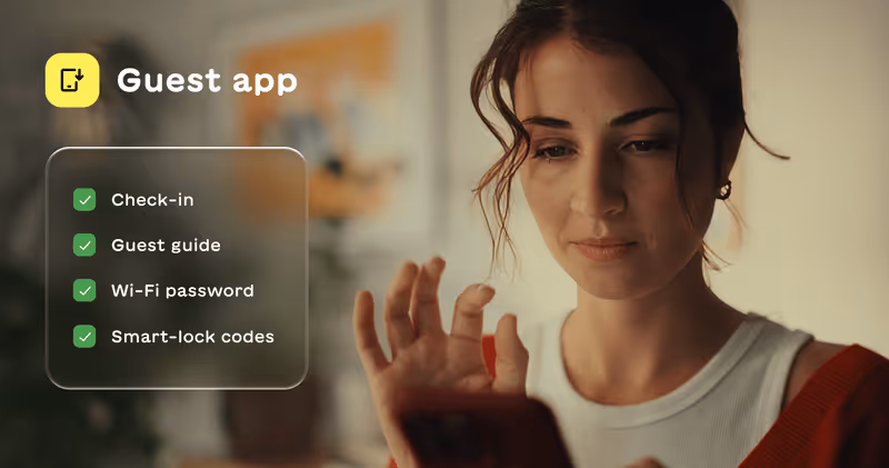 Woman looking at her phone next to text listing features of guest app including check-in, guest guide, Wi-Fi password, and smart-lock codes.