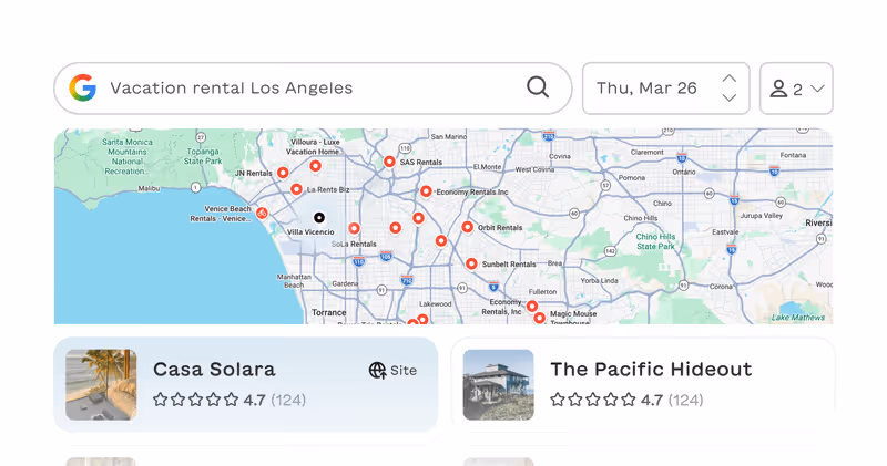 Map of Los Angeles area showing locations of vacation rentals with red pins and a search interface with filters for vacation rentals, date, and number of guests.