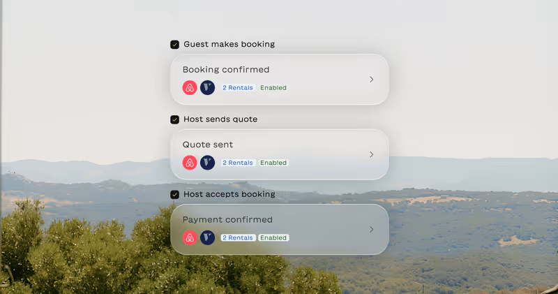 Steps of a rental booking process overlaying a landscape background: Guest makes booking with confirmation marked, Host sends quote with quote sent, and Host accepts booking with payment confirmed.