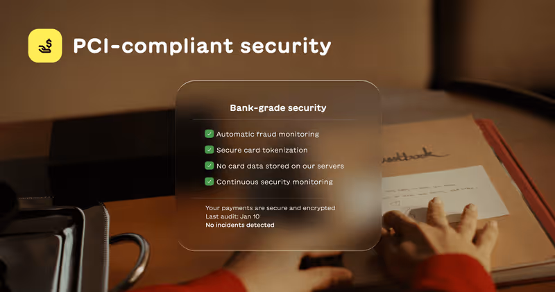 Text highlighting PCI-compliant security with bank-grade features including automatic fraud monitoring, secure card tokenization, no card data stored, and continuous security monitoring.
