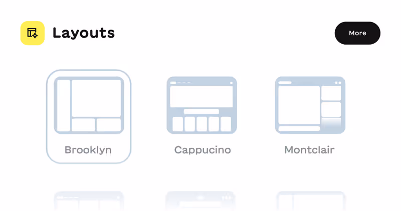 Three website layout options named Brooklyn, Cappucino, and Montclair, displayed as simplified wireframe icons.