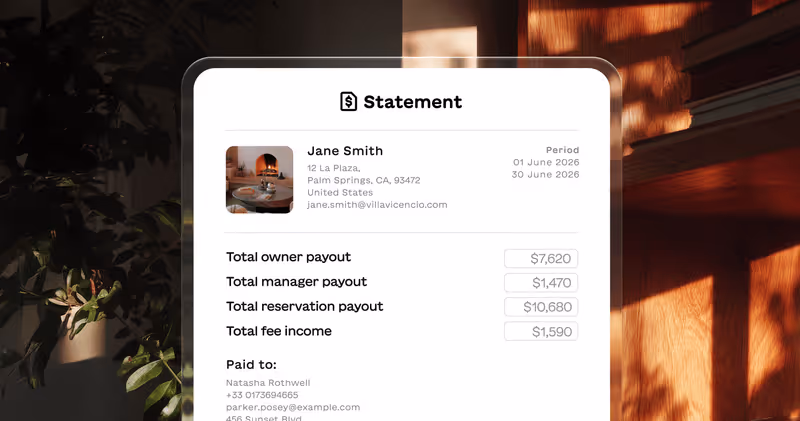 Digital rental income statement for Jane Smith with payout totals and contact information, illuminated by warm sunlight.