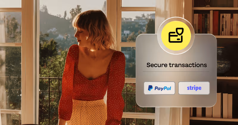 A woman in a red top and patterned skirt stands by a window with scenery outside, with a graphic overlay showing secure transaction icons for PayPal and Stripe.