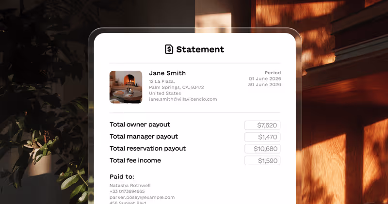 Digital rental statement for Jane Smith listing payout details including owner, manager, reservation totals, and fee income for June 1 to June 30, 2026.
