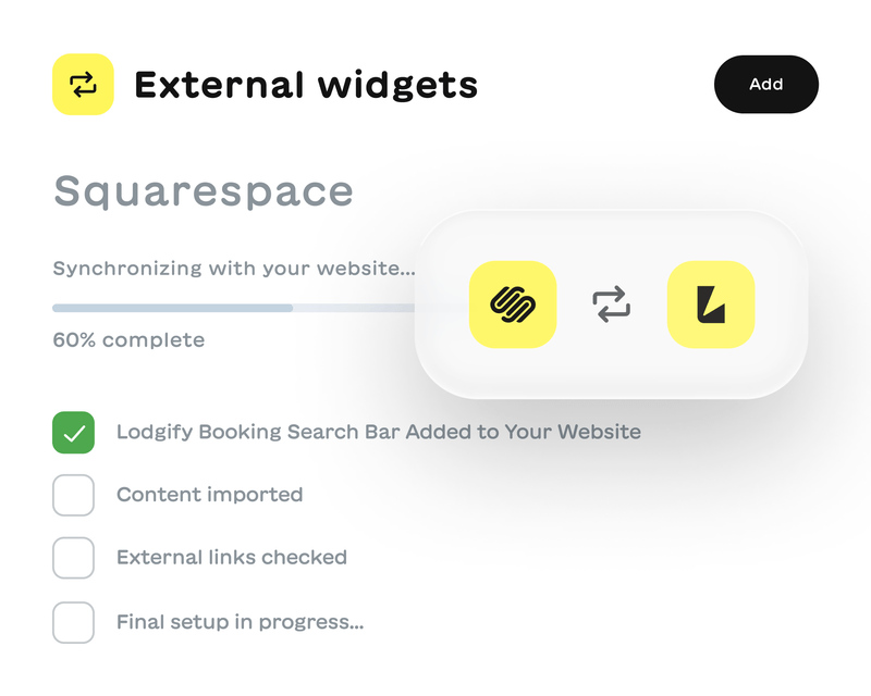 User interface showing synchronization progress of Squarespace external widgets with a progress bar at 60% and a checklist with one completed item: Lodgify Booking Search Bar added to your website.