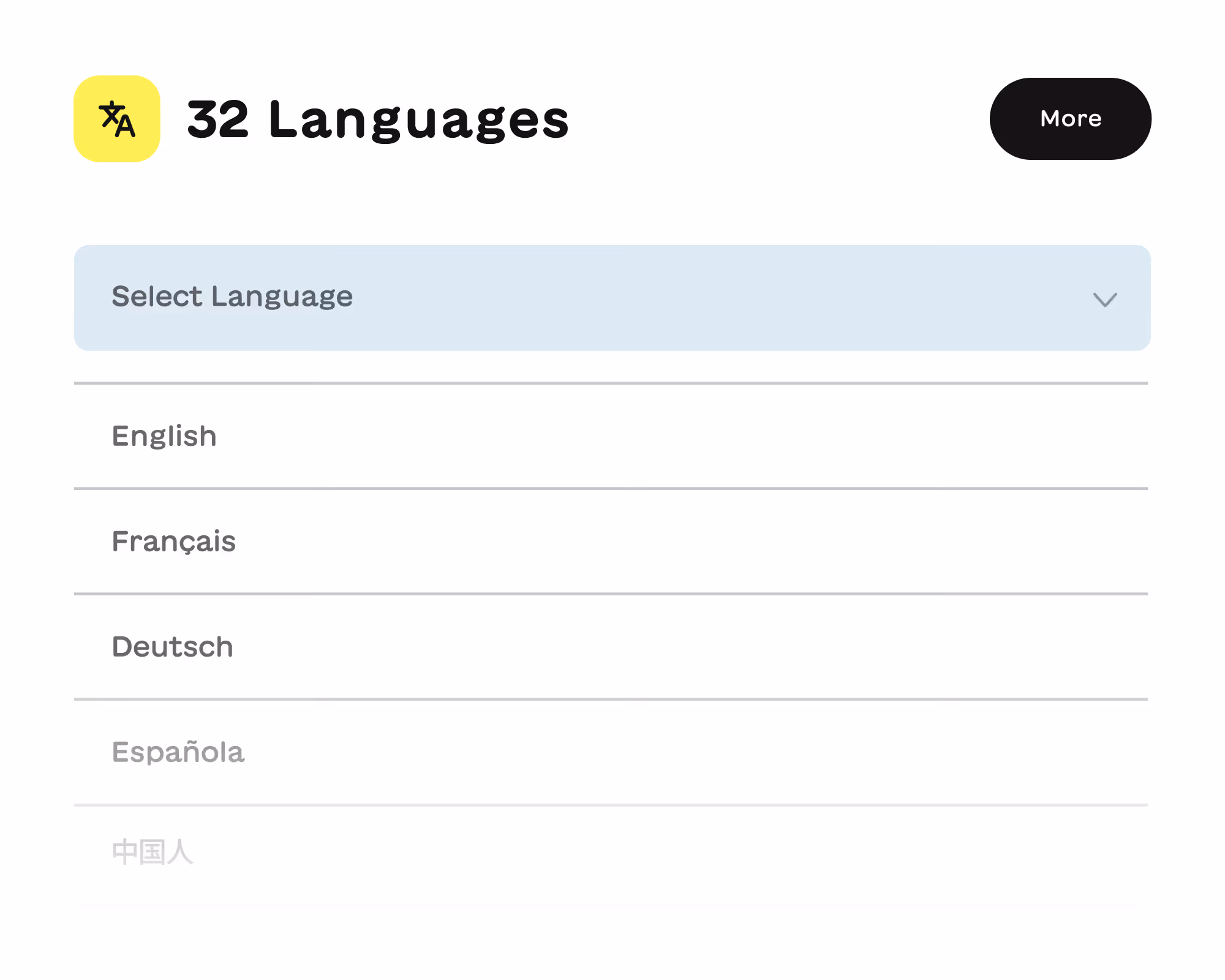 Dropdown menu labeled '32 Languages' with options to select English, Français, Deutsch, Española, and one more faint option in Chinese characters.