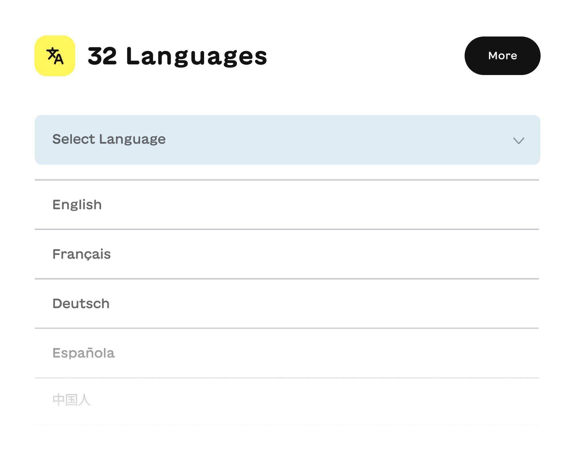 Dropdown menu labeled '32 Languages' with options to select English, Français, Deutsch, Española, and one more faint option in Chinese characters.