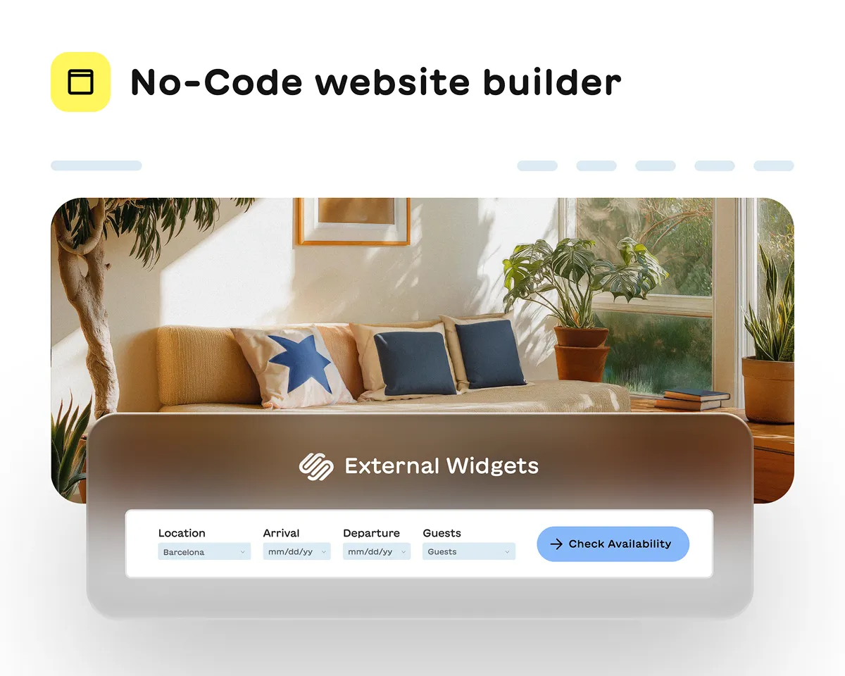 No-code website builder interface with an external widgets booking form including location, arrival, departure, guests fields, and a blue check availability button over a cozy living room background.