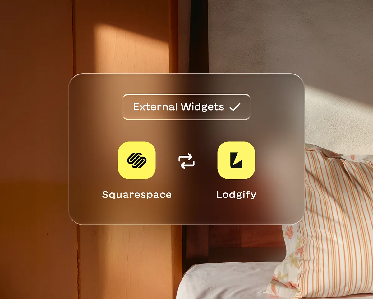 Interface showing integration of external widgets between Squarespace and Lodgify with icons and arrows.