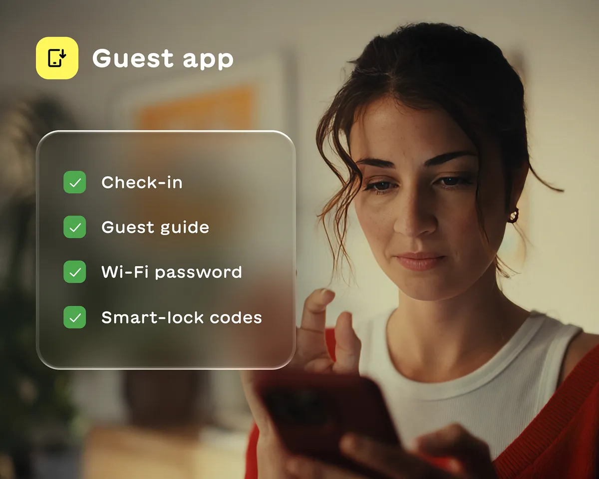 Woman looking at her smartphone with overlay text of guest app features: check-in, guest guide, Wi-Fi password, smart-lock codes.