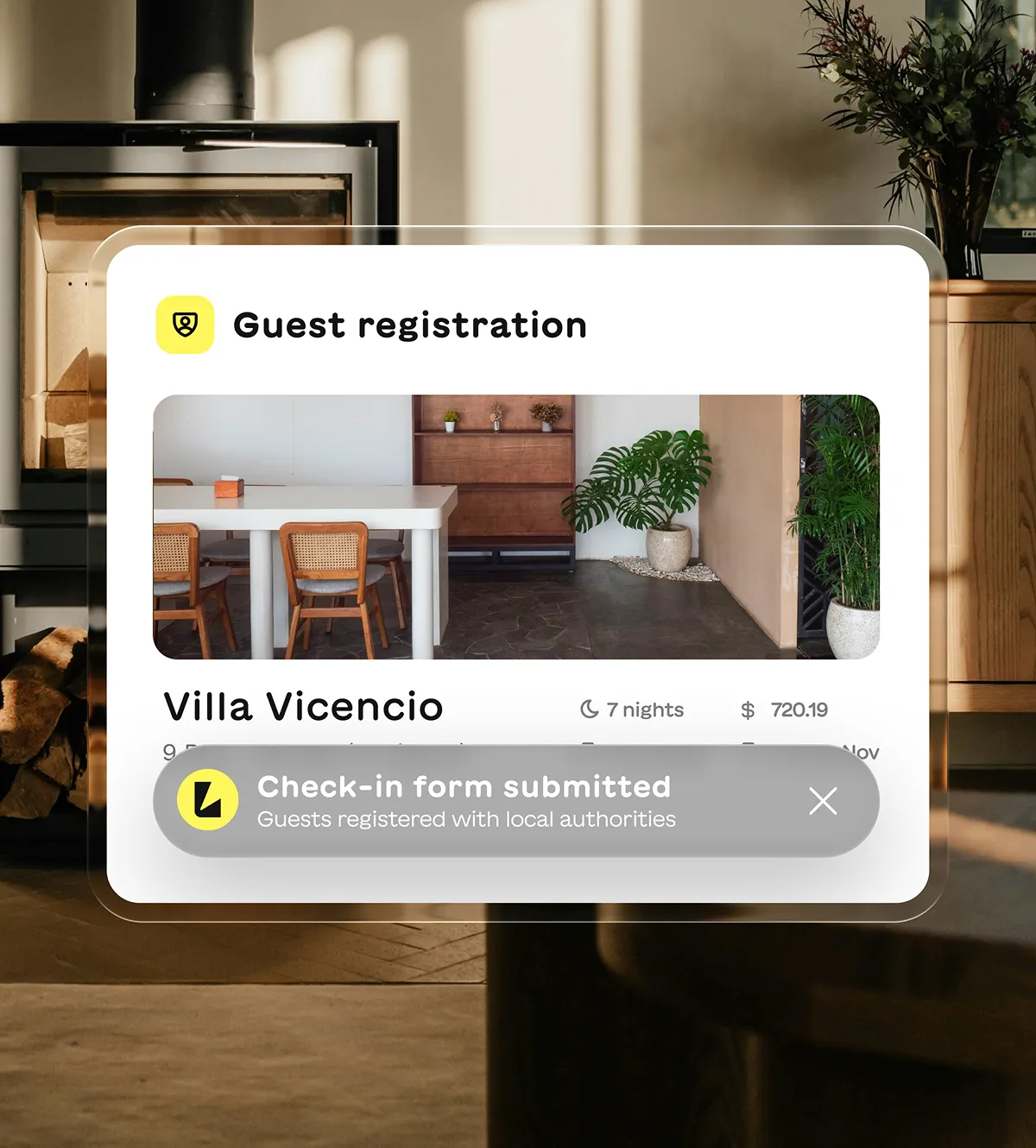 User interface showing guest registration for Villa Vicencio with a photo of a dining area, 7 nights stay, $720.19 cost, and a confirmation message 'Check-in form submitted, Guests registered with local authorities'.