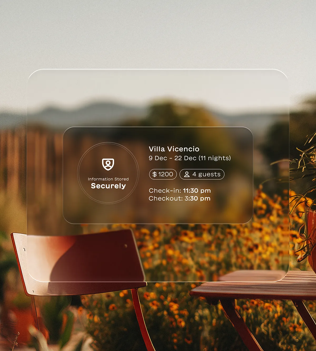 Outdoor scene with a chair and table in a garden, overlay shows Villa Vicencio booking details: 9-22 Dec for 4 guests, $1200, check-in 11:30 pm, checkout 3:30 pm, and secure information storage.
