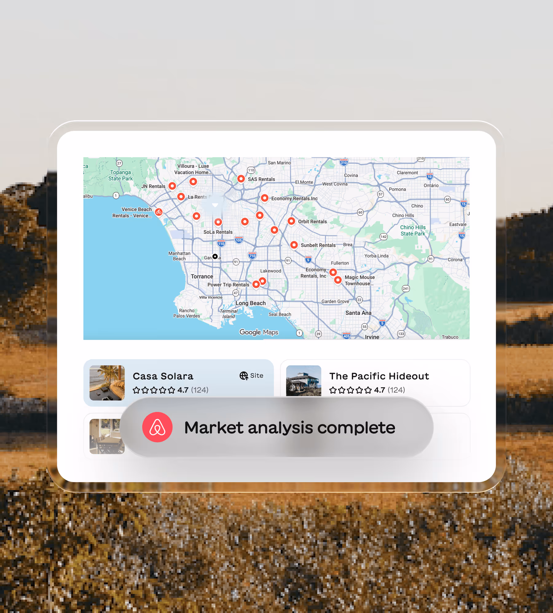 Tablet screen showing a Google map of rental locations around Los Angeles with a market analysis complete notification and listings for Casa Solara and The Pacific Hideout.