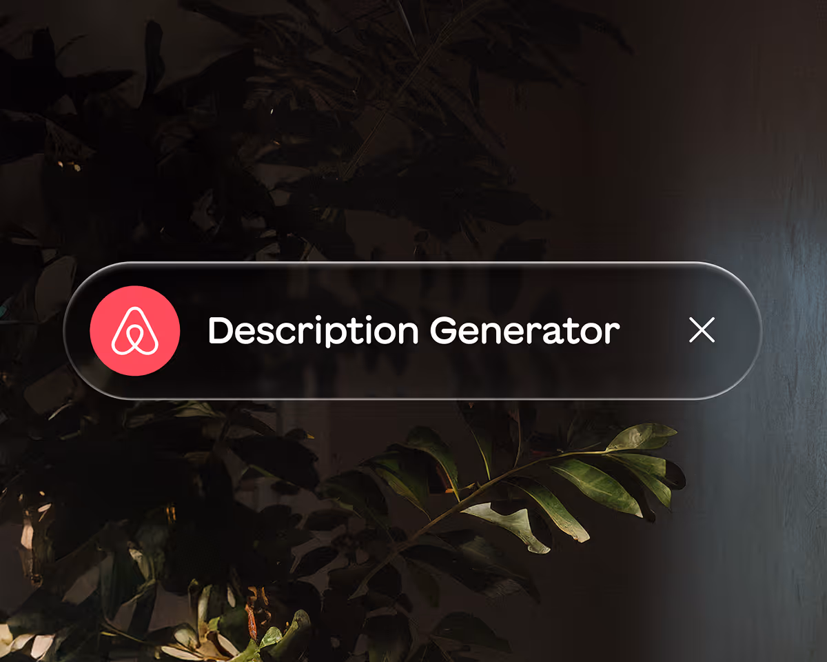 Dark room with green plants and a floating translucent black text box labeled 'Description Generator' with the Airbnb logo on the left and a close icon on the right.