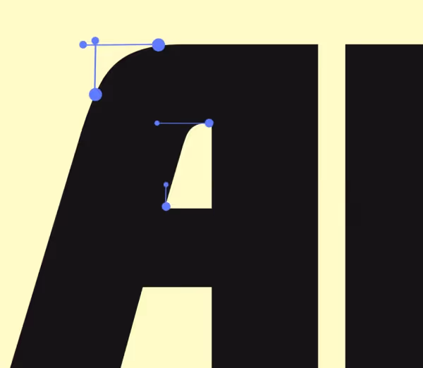 Close-up of a black uppercase letter A on a pale yellow background with blue vector adjustment handles showing font design details.