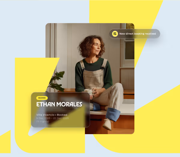 Woman sitting on a kitchen counter holding a mug, with overlay text showing a booking notification for Ethan Morales at Villa Vicencio from 9 to 22 December 2026.