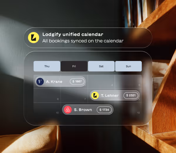 Lodgify unified calendar interface showing bookings for Thu to Sun with named guests A. Krane, T. Lehner, and S. Brown and their respective booking amounts.