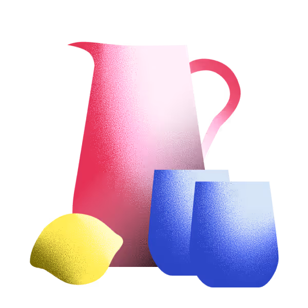 Red pitcher with two blue glasses and a yellow lemon beside them on a white background.