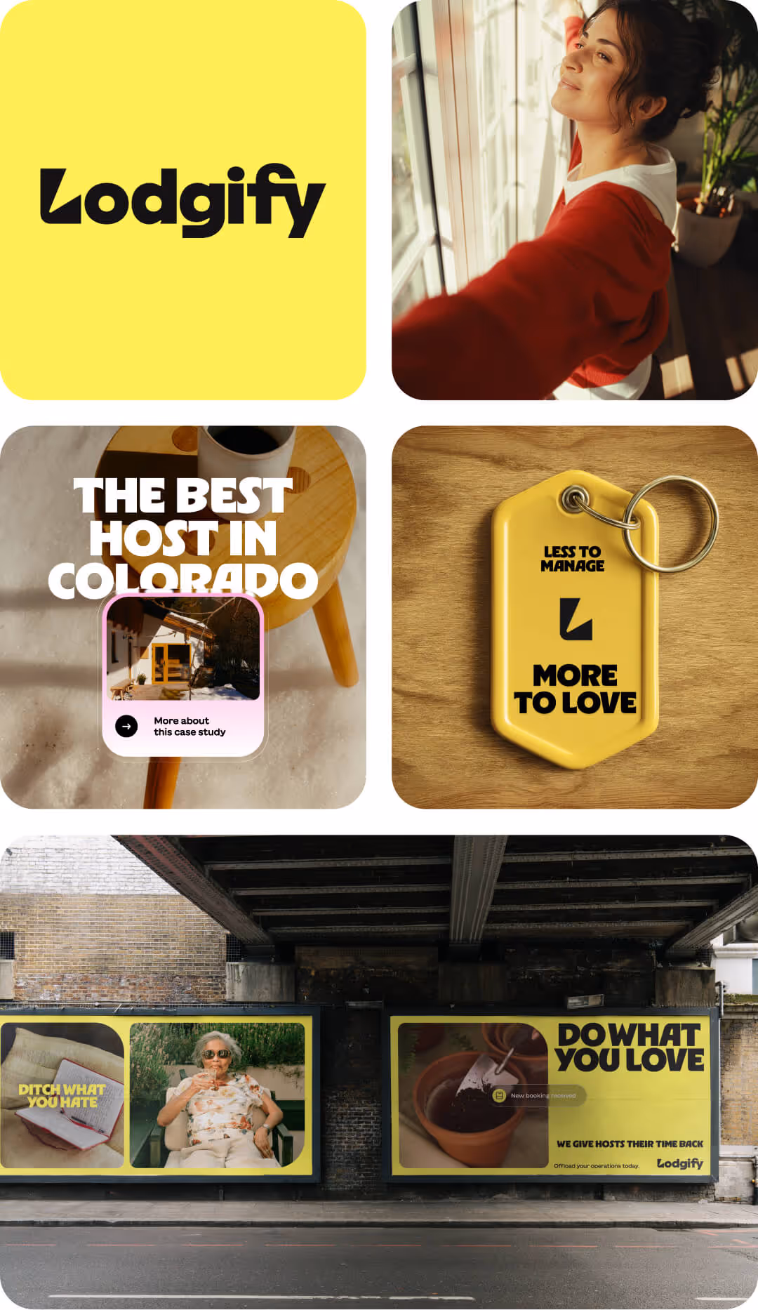 Collage of Lodgify branding images including the Lodgify logo on yellow, a woman stretching by a window, a coffee cup on a wooden stool with text 'The Best Host in Colorado', a yellow keychain with 'Less to manage, more to love', and street billboards showing 'Ditch what you hate' with a woman relaxing and 'Do what you love' with a plant pot, promoting Lodgify as a time-saving host service.