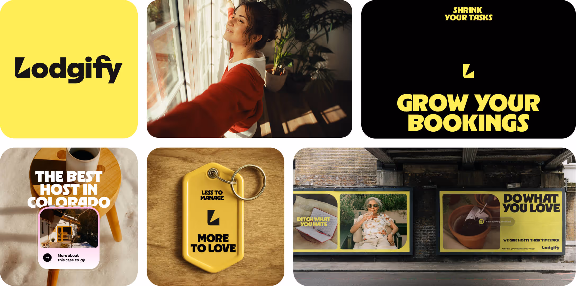 Collage featuring Lodgify logo, a woman looking out a window, text 'Shrink your tasks, Grow your bookings', a coffee cup on a table with text 'The best host in Colorado', a yellow keychain with text 'Less to manage, more to love', and two billboards saying 'Ditch what you hate' and 'Do what you love' promoting Lodgify.