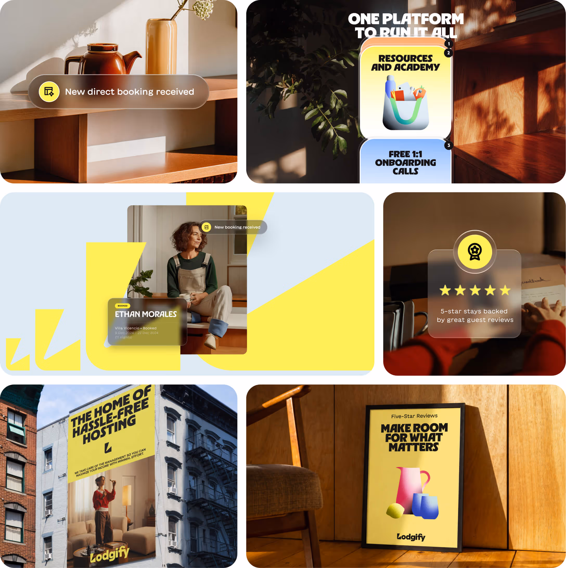 Collage of images showcasing booking notifications, 5-star guest reviews, Lodgify advertising banner on building, and framed poster about five-star reviews.