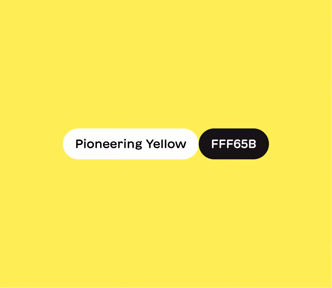 Bright yellow background with text labels showing the color name 'Pioneering Yellow' and its hex code 'FFF65B'.