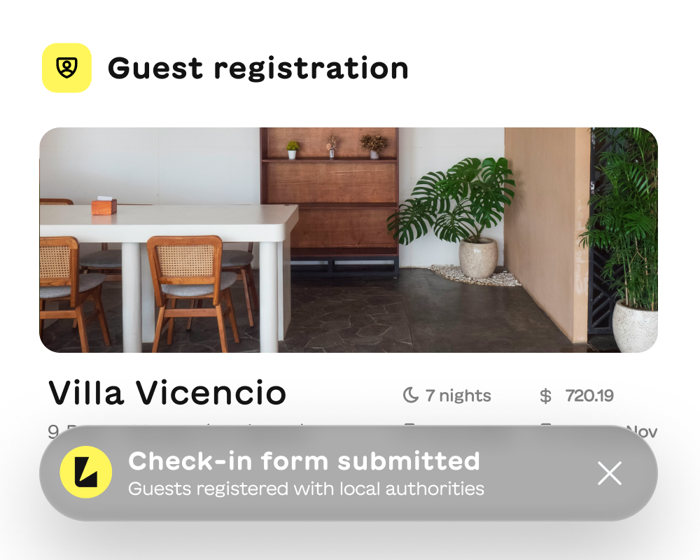 Guest registration section showing a seating area with chairs and plants, Villa Vicencio booking details, and a confirmation message stating check-in form submitted and guests registered with local authorities.