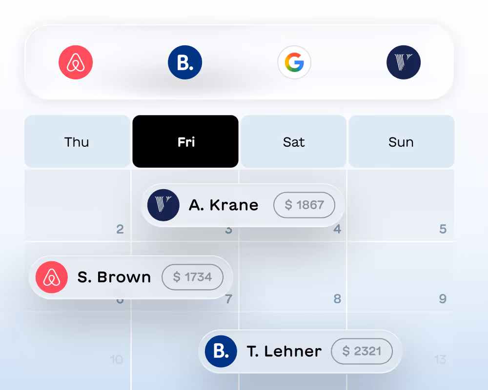 Calendar displaying bookings on Thursday to Sunday with names S. Brown, A. Krane, and T. Lehner linked to Airbnb, Vrbo, and Booking.com icons.