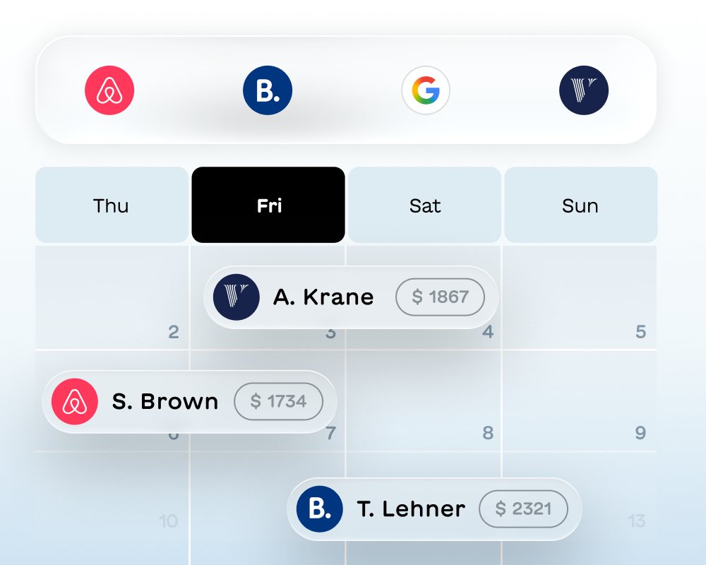 Calendar displaying bookings on Thursday to Sunday with names S. Brown, A. Krane, and T. Lehner linked to Airbnb, Vrbo, and Booking.com icons.