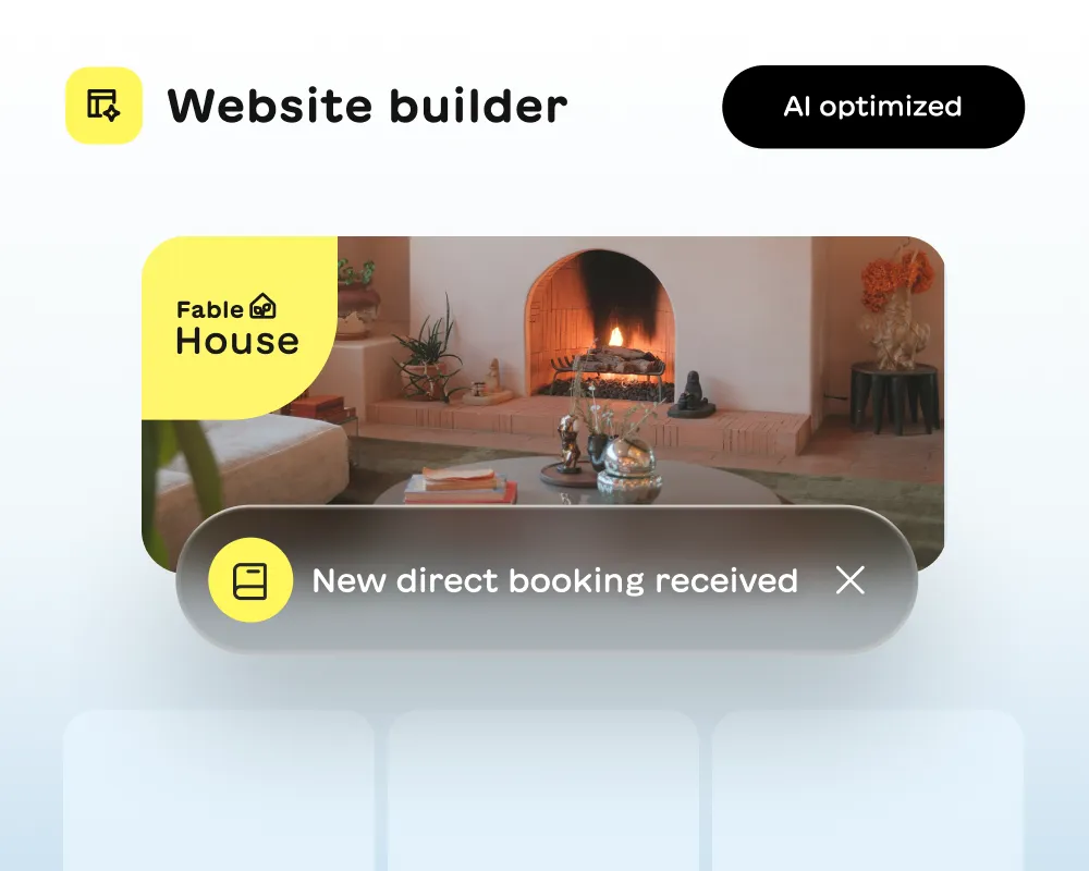 Cozy living room with a lit fireplace, plant decorations, and a coffee table with books and vases, highlighted in a website builder interface showing a new direct booking received alert.