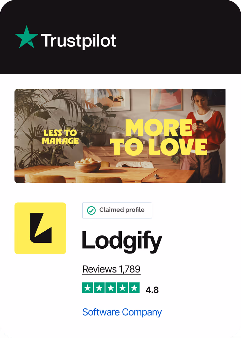 Trustpilot review summary for Lodgify with a 4.8-star rating from 1,789 reviews, showing the Lodgify logo and the tagline 'Less to manage, more to love.'