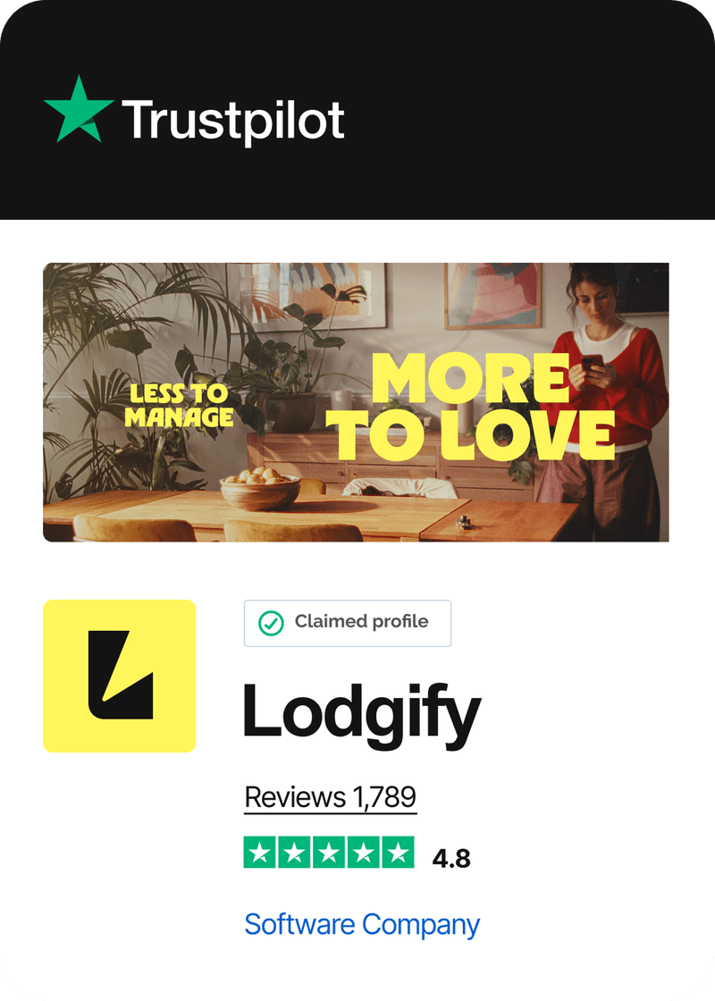 Trustpilot review summary for Lodgify with a 4.8-star rating from 1,789 reviews, showing the Lodgify logo and the tagline 'Less to manage, more to love.'