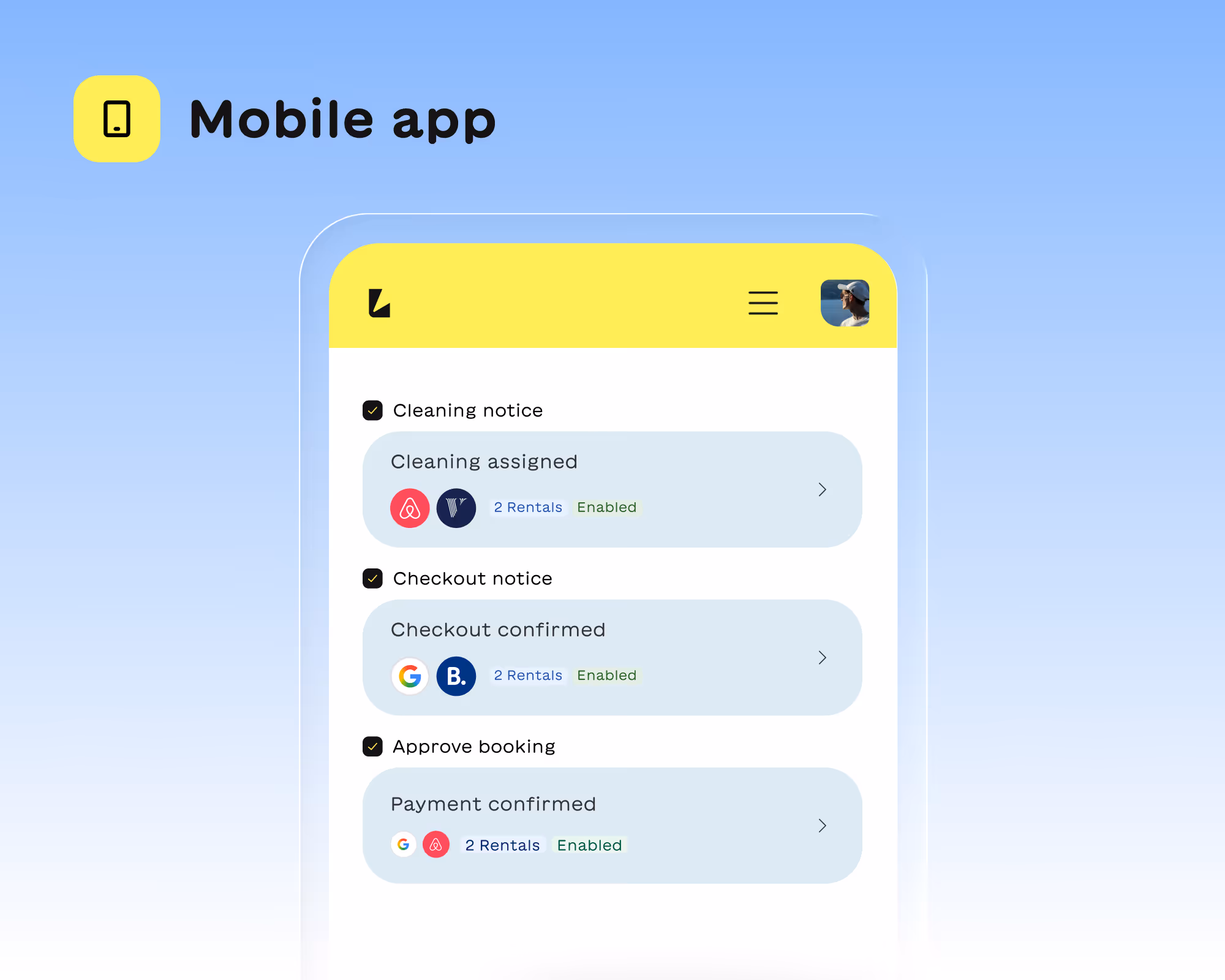 Mobile app screen showing notifications for cleaning assigned, checkout confirmed, and payment confirmed with rental platforms and status enabled.