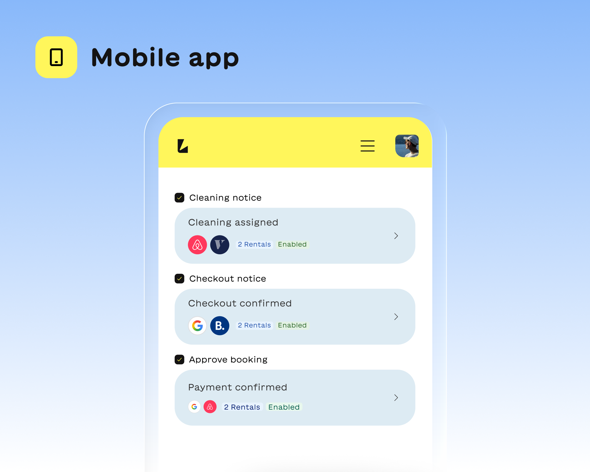 Mobile app screen showing notifications for cleaning assigned, checkout confirmed, and payment confirmed with rental platforms and status enabled.