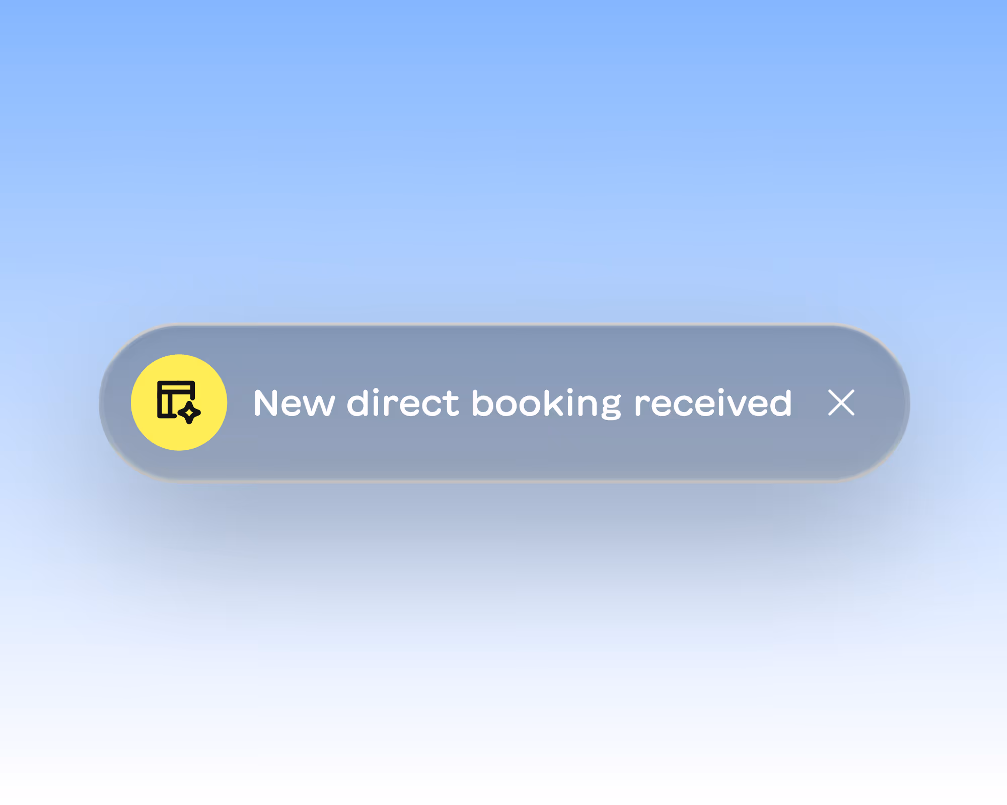 Notification bar with a yellow icon indicating a new direct booking received message and a close button.