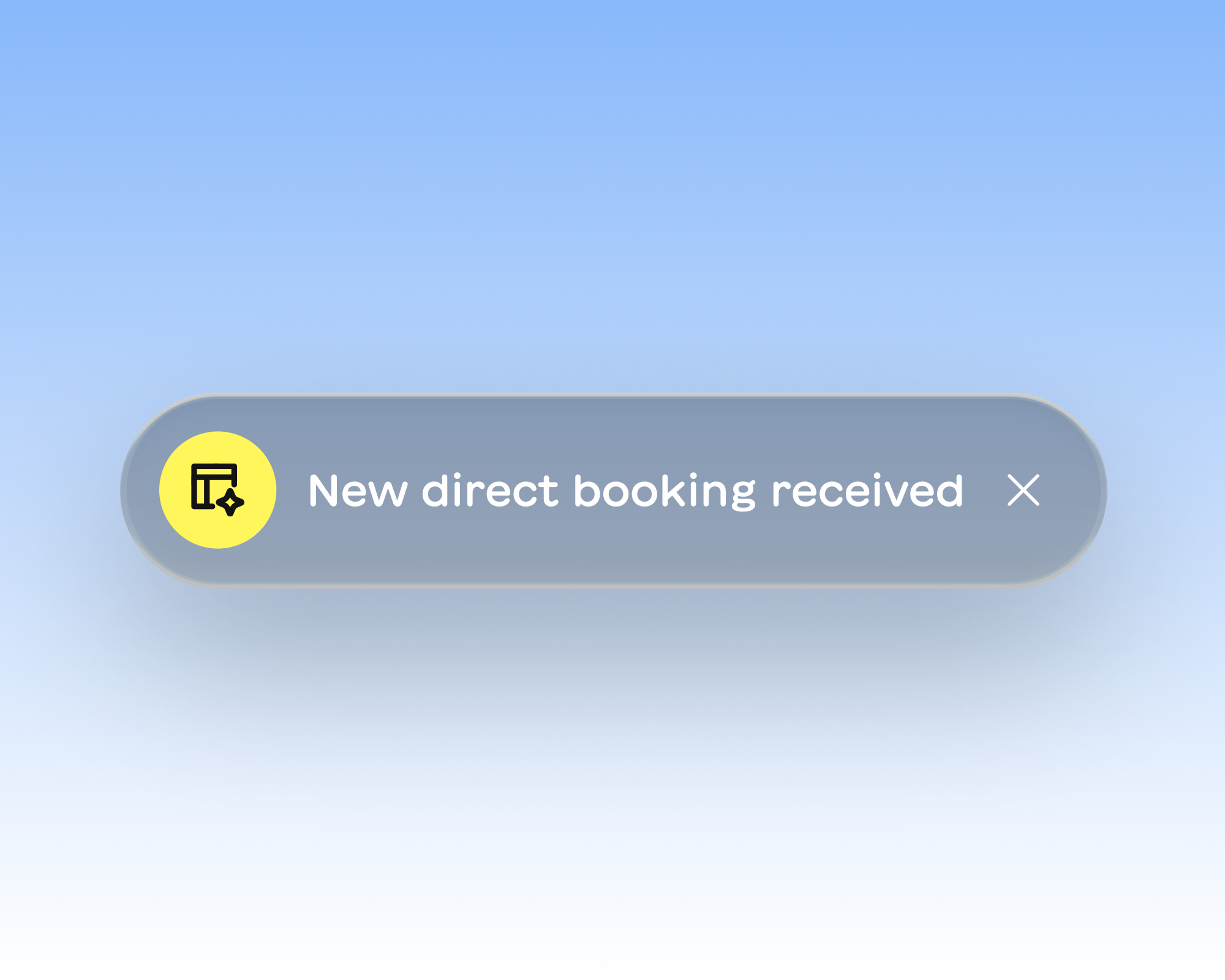 Notification bar with a yellow icon indicating a new direct booking received message and a close button.